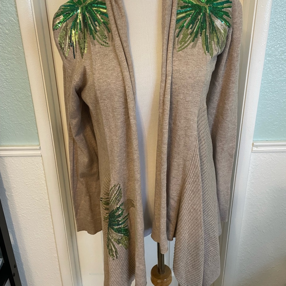 NC Tan Open Light Sweater Cardigan Sequin Floral Design 
M